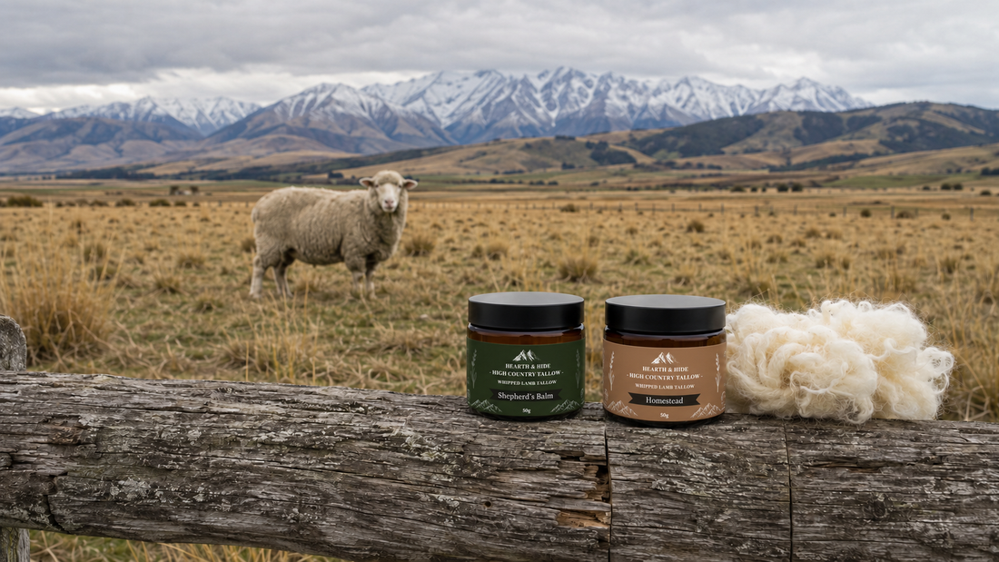 Hearth & Hide tallow balm jars on a farm with sheep and mountain scenery