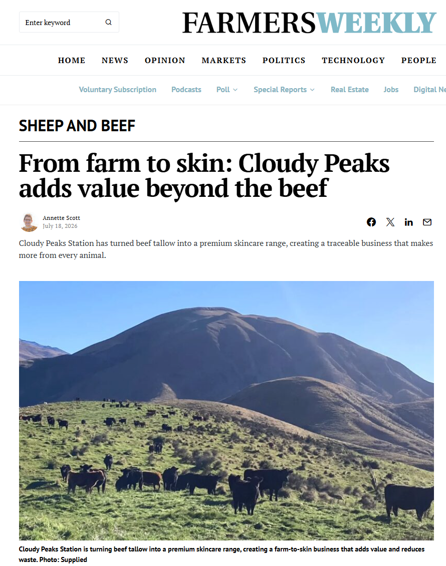 Hearth & Hide featured in Farmers Weekly — NZ tallow skincare from Cloudy Peaks Station