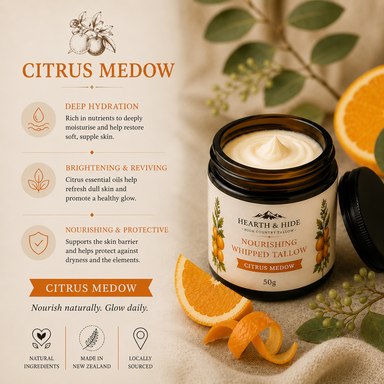 Jar of 'Nourishing Whipped Tallow' from Hearth & Hide with citrus meadow scent, surrounded by oranges and leaves.