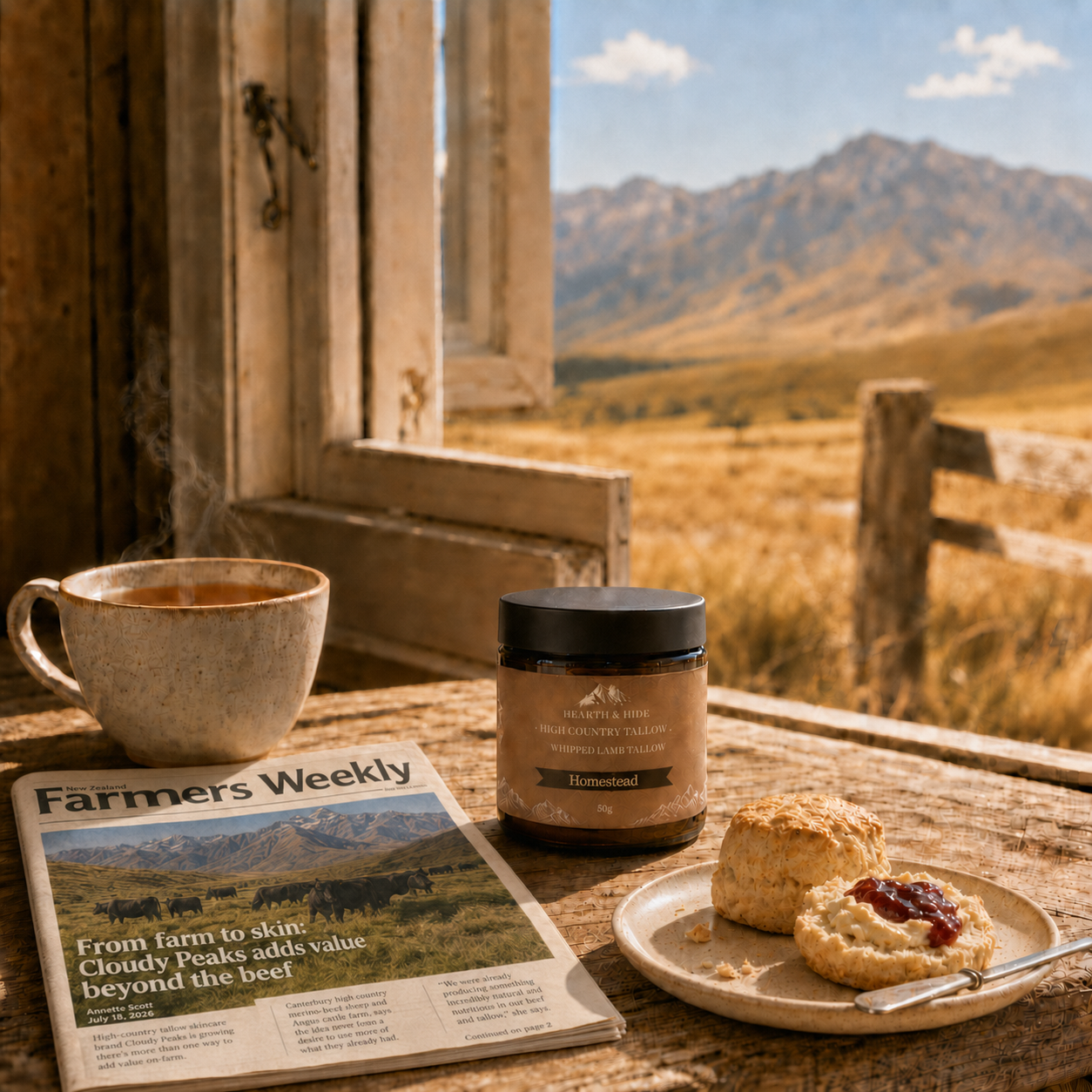 A jar of Remonted tallow sits on a rustic wooden table next to a mug of tea, a Farmers Weekly magazine, and a plate with scones, all set against a scenic mountain landscape visible through an open window.