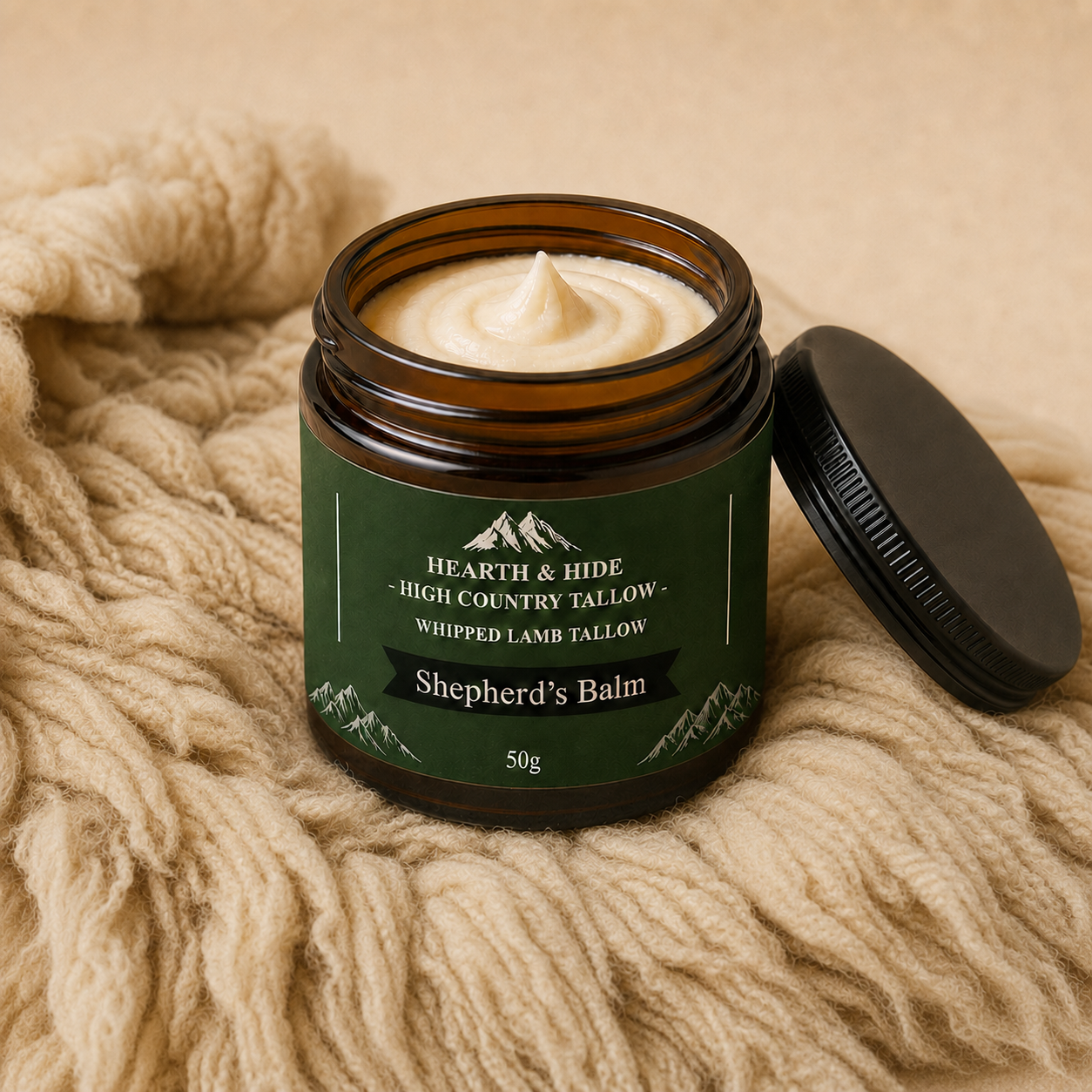 An open amber glass jar of Shepherd's tallow Balm with a dark green label and black lid, resting on a chunky beige knit blanket.