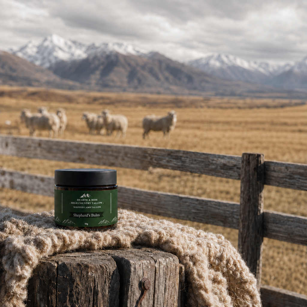 A jar of Shepherd's Balm by Mountain Rose is displayed on a rustic wooden post draped with a chunky cream wool blanket, set against a scenic background of a grazing sheep flock in a dry field with snow-capped mountains under a cloudy sky.