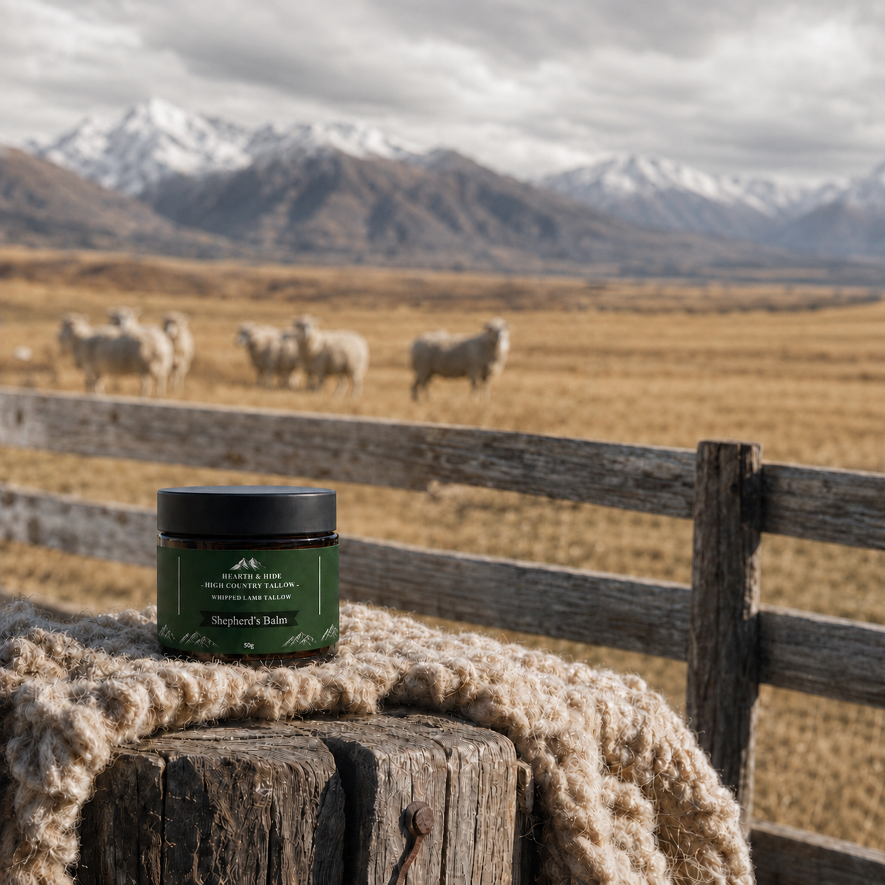 A jar of Shepherd's Balm by Mountain Rose is displayed on a rustic wooden post draped with a chunky cream wool blanket, set against a scenic background of a grazing sheep flock in a dry field with snow-capped mountains under a cloudy sky.